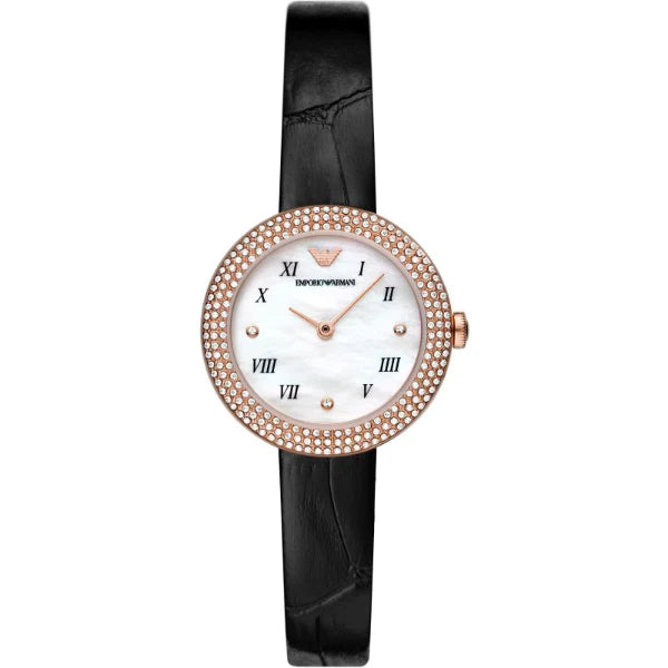 Emporio Armani Black Leather Strap Mother Of Pearl Dial Quartz Watch for Ladies - AR11356