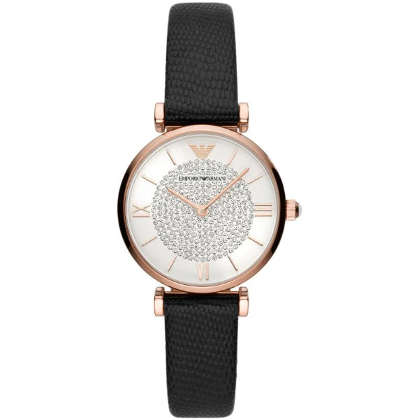 Emporio Armani Gianni T-Bar Black Leather Strap Silver Dial Quartz Watch for Ladies - AR11387