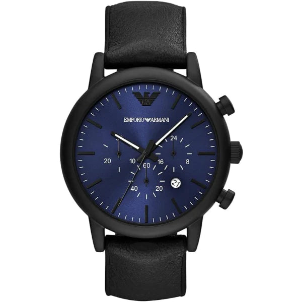 Emporio Armani Luigi Black Leather Strap Blue Dial Chronograph Quartz Watch for Gents - AR11351