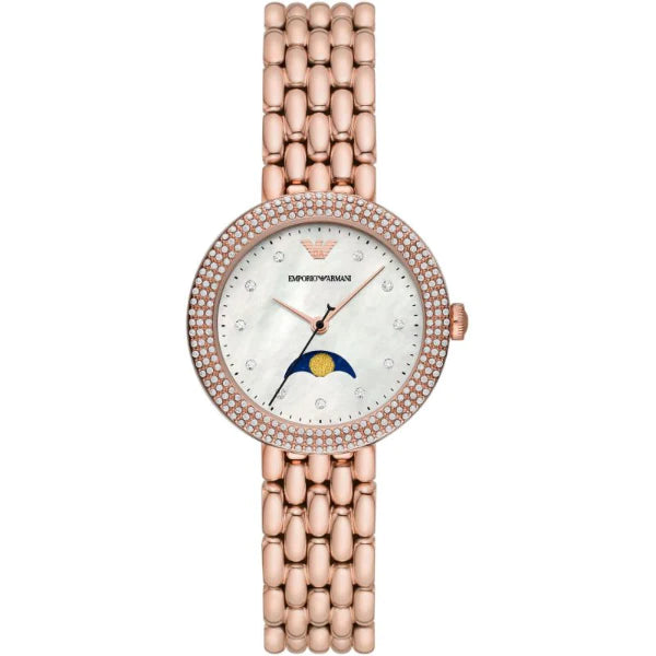 Emporio Armani Moonphase Rose Gold Stainless Steel Mother Of Pearl Dial Quartz Watch for Ladies - AR11462