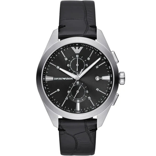 Emporio Armani Claudio Black Leather Strap Black Dial Chronograph Quartz Watch for Gents - AR11542