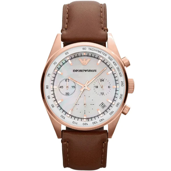 Emporio Armani Sportivo Brown Leather Strap Silver Dial Chronograph Quartz Watch for Gents - AR5996