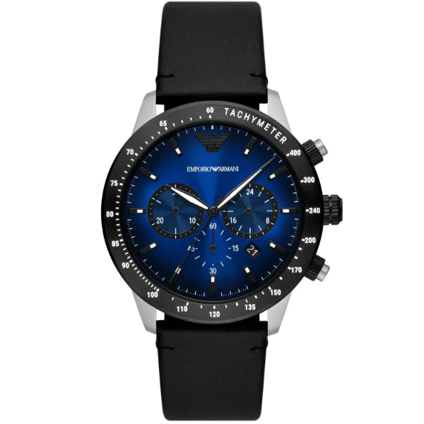 Emporio Armani Mario Black Leather Strap Blue Dial Chronograph Quartz Watch for Gents - AR11522