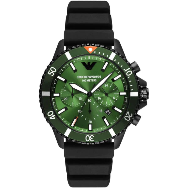 Emporio Armani Diver Black Silicone Strap Green Dial Chronograph Quartz Watch for Gents - AR11463