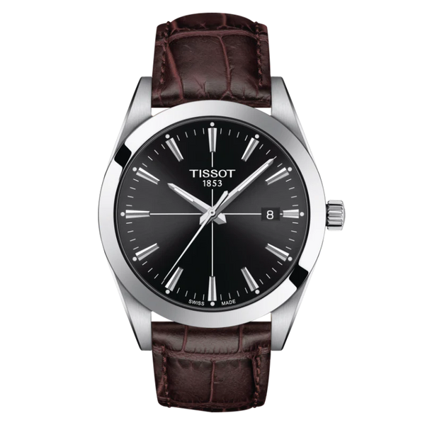 Tissot Gentleman Brown Leather Strap Black Dial Quartz Watch for Gents - T127.410.16.051.01