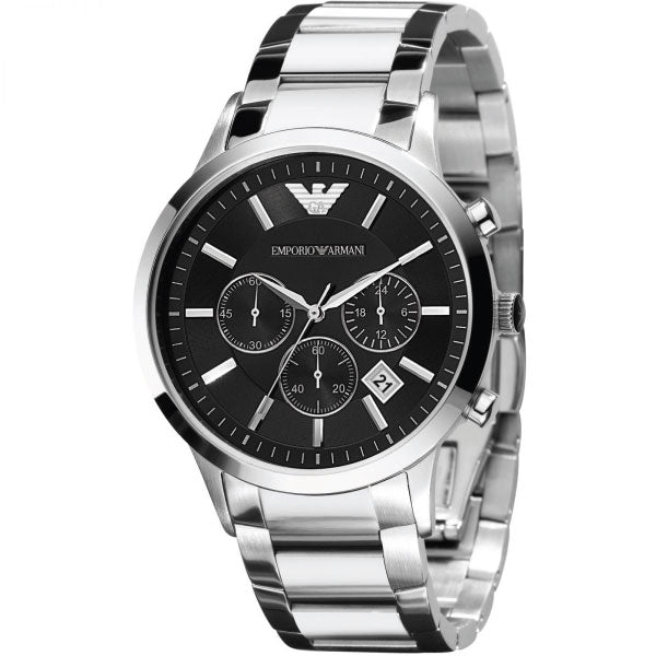 EMPORIO ARMANI Classic Silver Stainless Steel Black Dial Chronograph Quartz Watch for Gents - AR2434