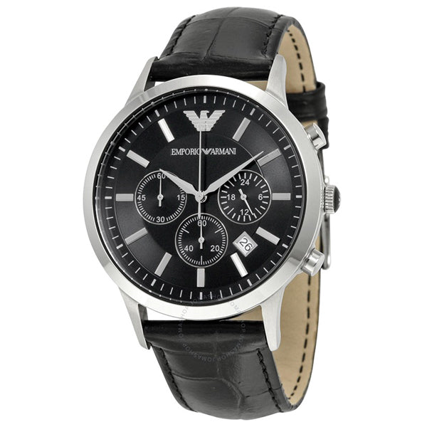 EMPORIO ARMANI Renato Black Leather Strap Black Dial Chronograph Quartz Watch for Gents - AR2447