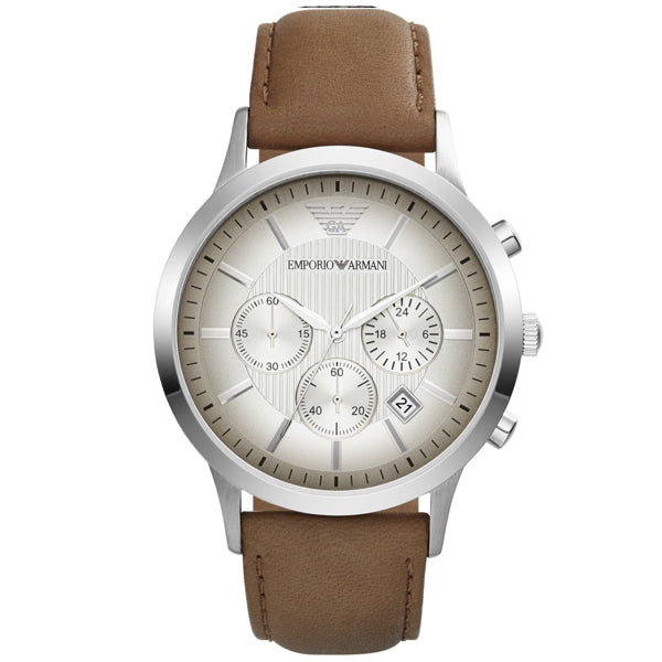 EMPORIO ARMANI Classic Brown Leather Strap Silver Dial Chronograph Quartz Watch for Gents - AR2471