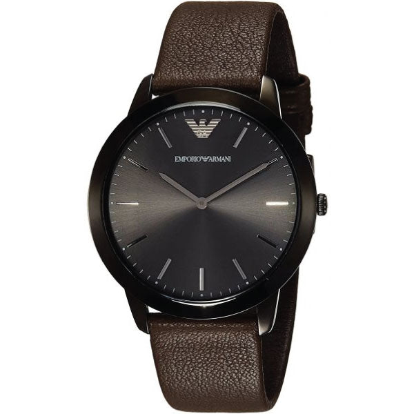 EMPORIO ARMANI Black Dial Brown Leather Strap Watch For Gents - AR2483