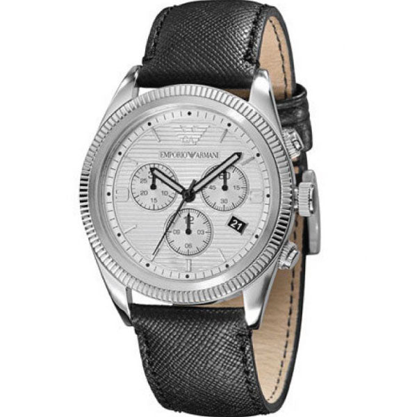 EMPORIO ARMANI Sport Black Leather Strap Silver Dial Chronograph Quartz Watch for Ladies - AR5895