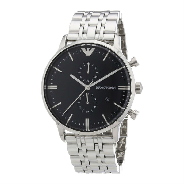 EMPORIO ARMANI Classic Silver Stainless Steel Black Dial Chronograph Quartz Watch for Gents - AR0389