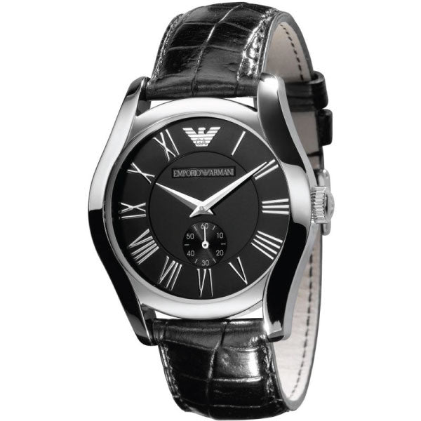 EMPORIO ARMANI Classic Black Leather Strap Black Dial Quartz Watch for Gents - AR0643