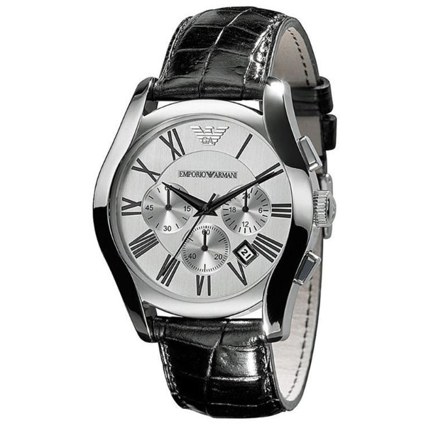 EMPORIO ARMANI Classic Black Leather Strap Silver Dial Chronograph Quartz Watch for Gents - AR0669