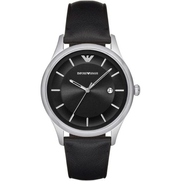 EMPORIO ARMANI Black Dial Black Leather Strap Watch For Gents - AR11020