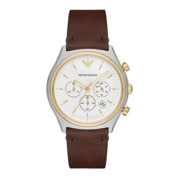 EMPORIO ARMANI Sport Brown Leather Strap White Dial Chronograph Quartz Watch for Gents - AR11033