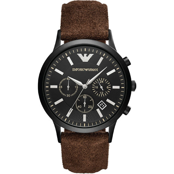 EMPORIO ARMANI Black Dial Brown Leather Strap Chronograph Watch For Gents - AR11078
