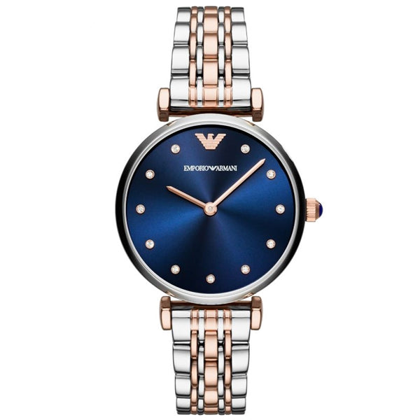 EMPORIO ARMANI Gianni T-Bar Two-Tone Stainless Steel Blue Dial Quartz Watch for Ladies - AR11092