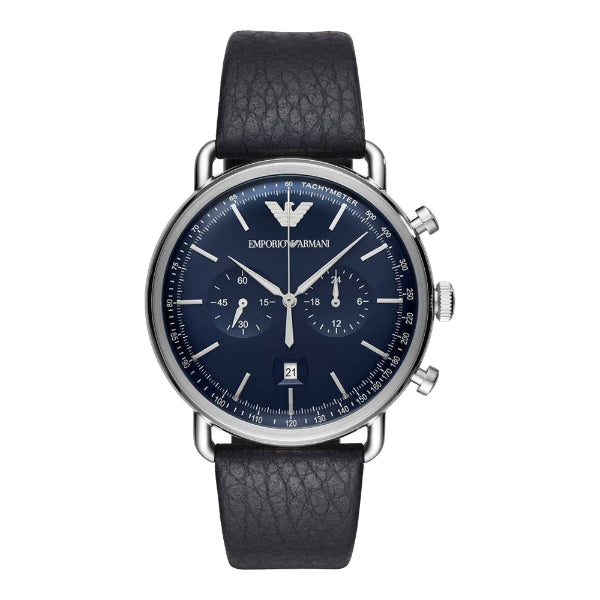 EMPORIO ARMANI Aviator Black Leather Strap Blue Dial Chronograph Quartz Watch for Gents - AR11105