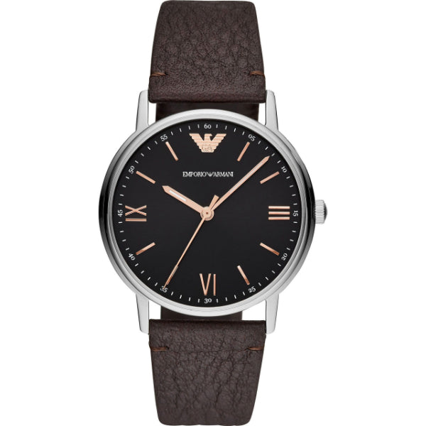 EMPORIO ARMANI Kappa Brown Leather Strap Black Dial Quartz Watch for Gents - AR11153