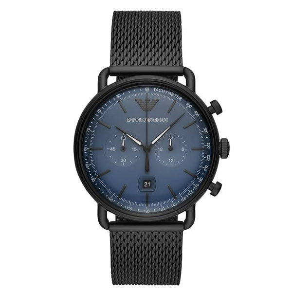EMPORIO ARMANI Aviator Black Mesh Bracelet Blue Dial Chronograph Quartz Watch for Gents - AR11201