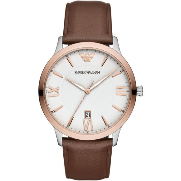 EMPORIO ARMANI Giovanni Brown Leather White Dial Quartz Watch for Gents- EMPORIO ARMANI AR 11211