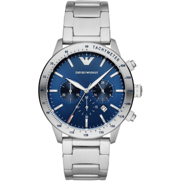 EMPORIO ARMANI Mario Silver Stainless Steel Blue Dial Quartz Watch for Gents- EMPORIO ARMANI AR 11306