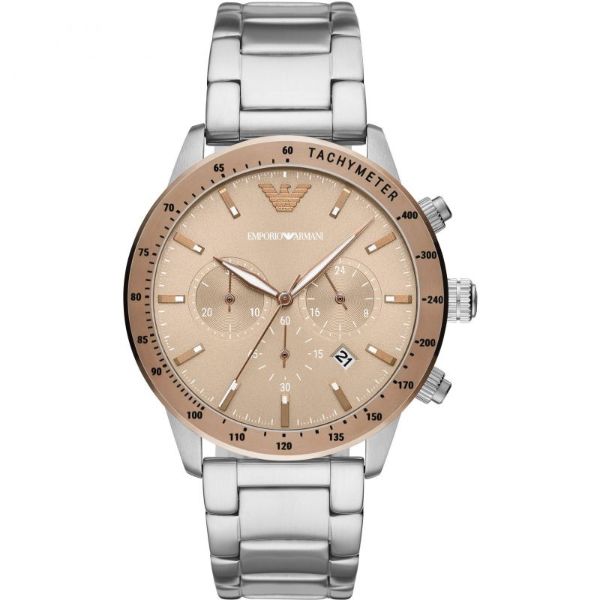 EMPORIO ARMANI Mario Silver Stainless Steel Beige Dial Chronograph Quartz Watch for Gents - AR11352