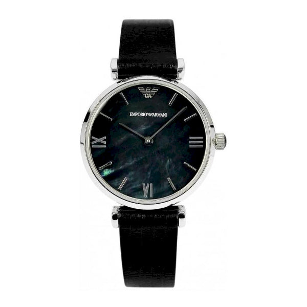 EMPORIO ARMANI Classic Black Leather Strap Mother Of Pearl Dial Quartz Watch for Ladies - AR1678