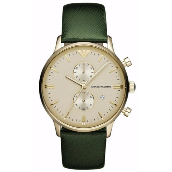 EMPORIO ARMANI Classic Green Leather Champagne Dial Quartz Watch for Gents- EMPORIO ARMANI AR 1722