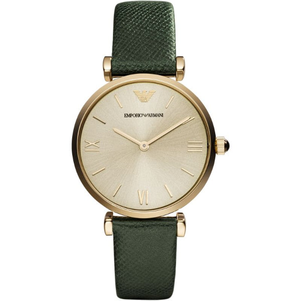 EMPORIO ARMANI Retro Green Leather Champagne Dial Quartz Watch for Ladies- EMPORIO ARMANI AR 1726