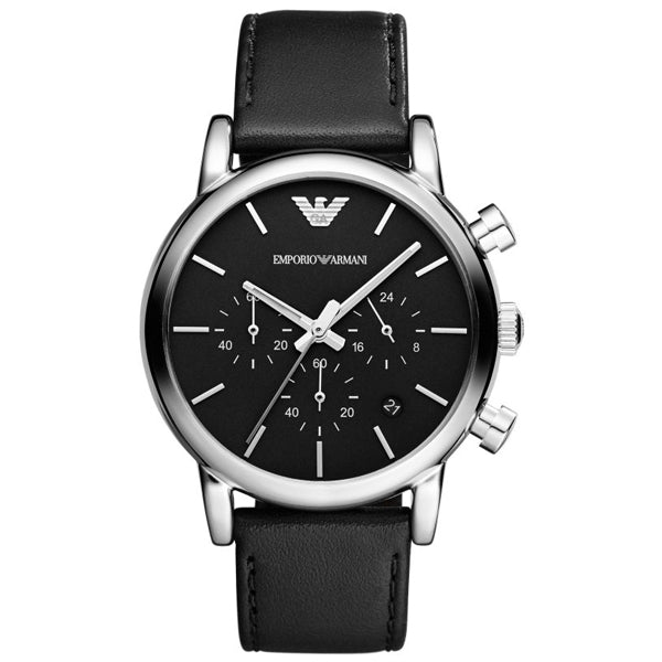 EMPORIO ARMANI Black Dial Black Leather Strap Chronograph Watch For Gents - AR1733