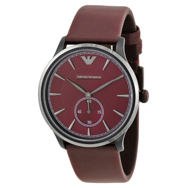 EMPORIO ARMANI Classic Brown Leather Burgundy Dial Quartz Unisex Watch- EMPORIO ARMANI AR 1801