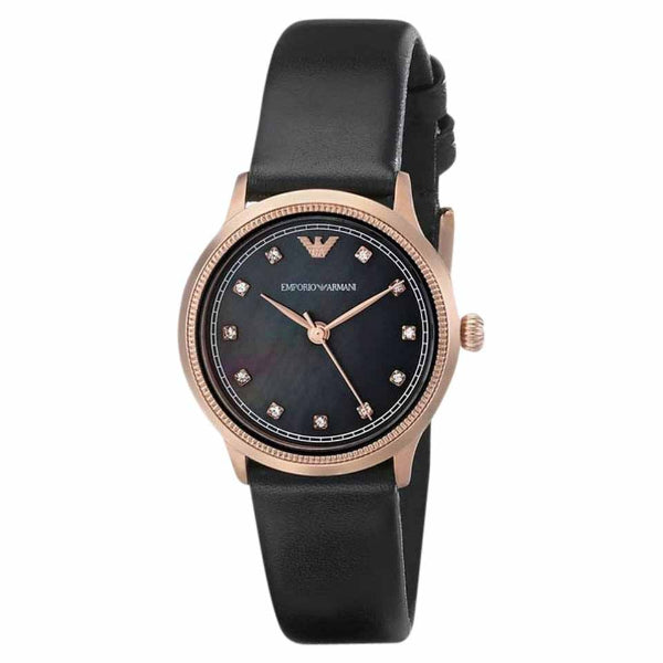 EMPORIO ARMANI Classic Black Leather Strap Mother Of Pearl Dial Quartz Watch for Ladies - AR1802