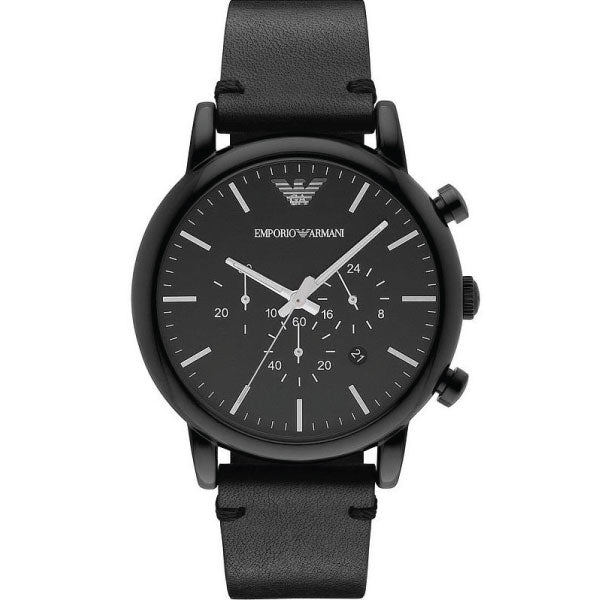 EMPORIO ARMANI Black Dial Black Leather Strap Chronograph Watch For Gents - AR1918