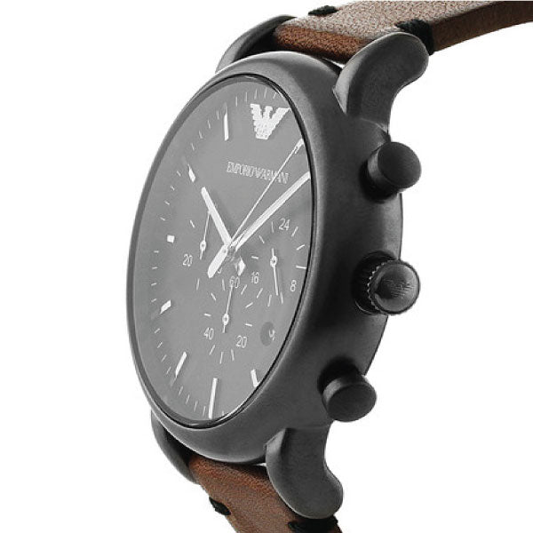 EMPORIO ARMANI Black Dial Brown Leather Strap Chronograph Watch For Gents AR1919