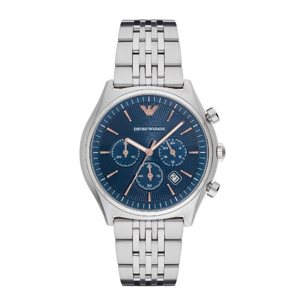 EMPORIO ARMANI Zeta Silver Stainless Steel Blue Dial Quartz Watch for Gents- EMPORIO ARMANI AR 1974