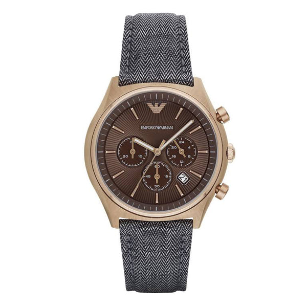 EMPORIO ARMANI Brown Dial Grey Leather Strap Chronograph Watch For Gents - AR1976