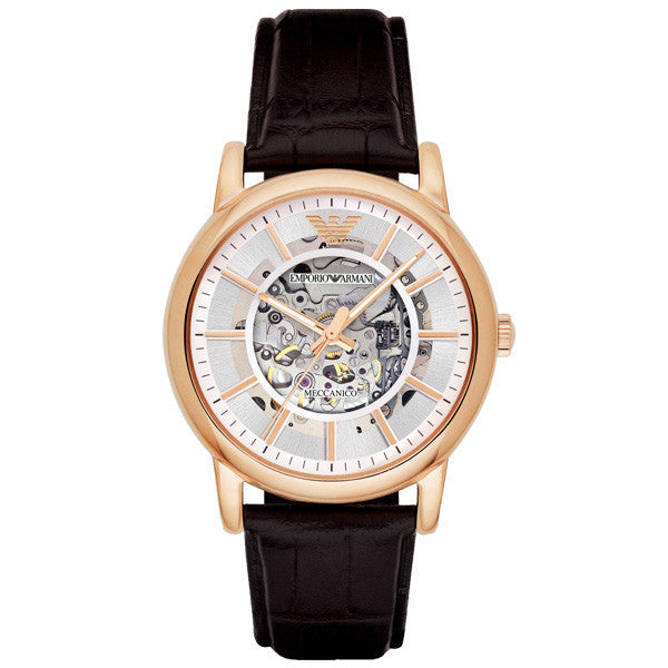 EMPORIO ARMANI Dress Brown Leather Strap Silver (Skeleton) Dial Automatic Watch for Gents - AR1983