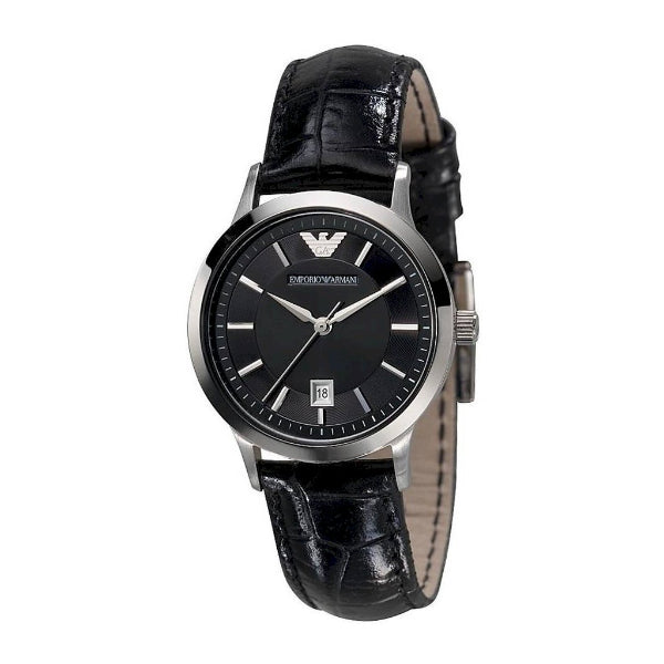 EMPORIO ARMANI Slim Black Leather Strap Black Dial Quartz Watch for Ladies - AR2412