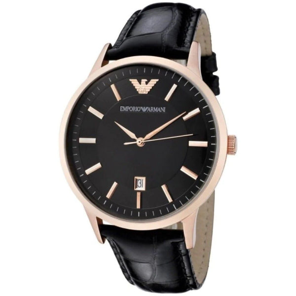 EMPORIO ARMANI Classic Black Leather Strap Black Dial Quartz Watch for Gents - AR2425