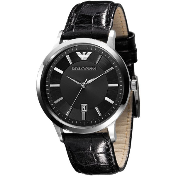 EMPORIO ARMANI Classic Black Leather Strap Black Dial Quartz Watch for Gents - AR2429