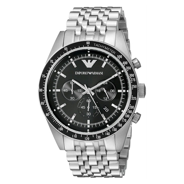 EMPORIO ARMANI Sportivo Silver Stainless Steel Black Dial Chronograph Quartz Watch for Gents - AR5988