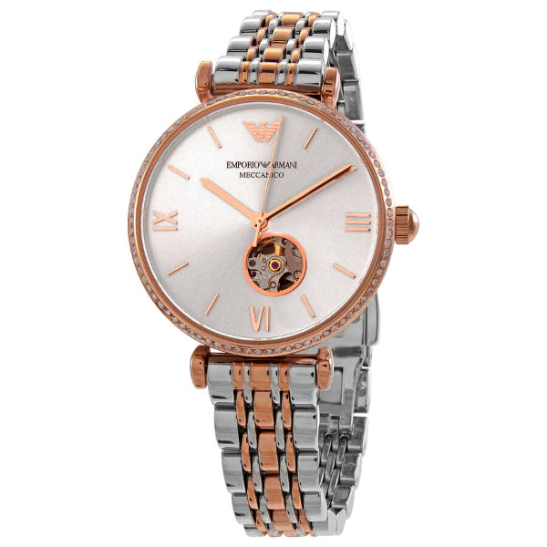 EMPORIO ARMANI Gianni T-Bar Two-Tone Stainless Steel Silver Dial Automatic Watch for Ladies - AR60019