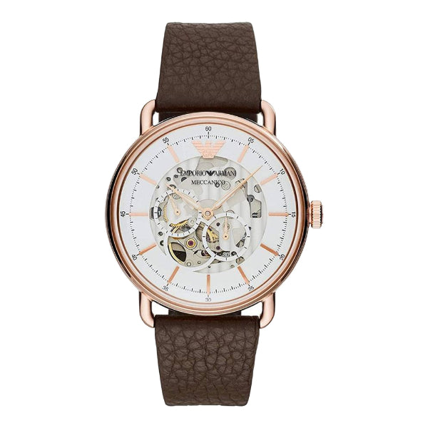 EMPORIO ARMANI Meccanico Brown Leather Strap White Dial Automatic Watch for Gents - AR60027