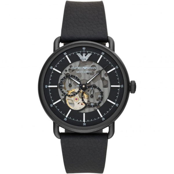 Emporio Armani Meccanico Black Leather Strap Black Dial Automatic Watch for Gents - AR60028