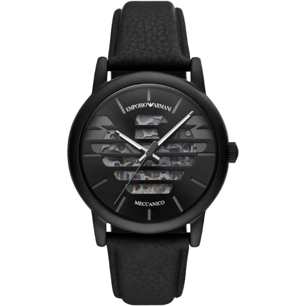 EMPORIO ARMANI Meccanico Black Leather Strap Black Dial Automatic Watch for Gents - AR60032
