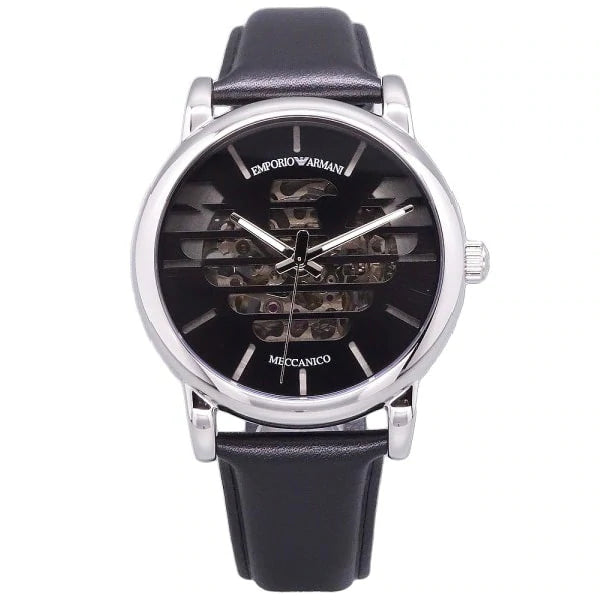 EMPORIO ARMANI Meccanico Black Leather Strap Black Dial Automatic Watch for Gents - AR60040