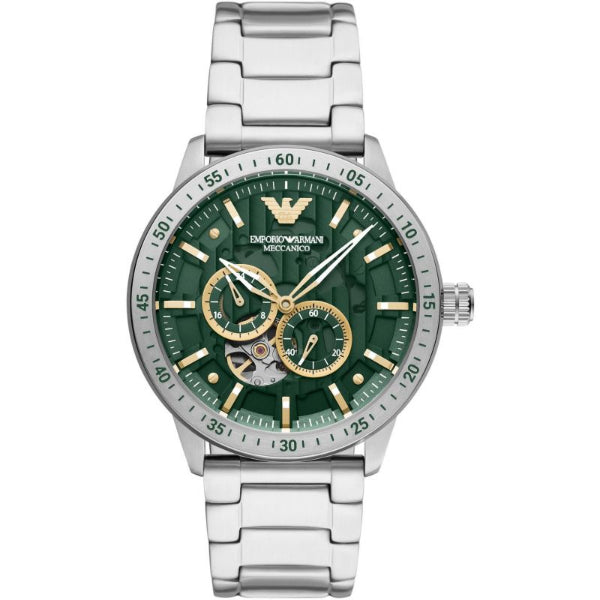 EMPORIO ARMANI Mario Silver Stainless Steel Green Dial Automatic Watch for Gents - AR60053