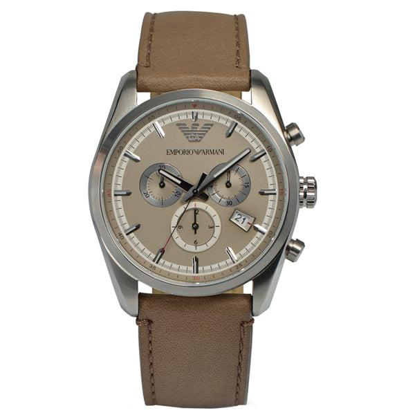 EMPORIO ARMANI Sportivo Brown Leather Strap Cream Dial Chronograph Quartz Watch for Gents - AR6040