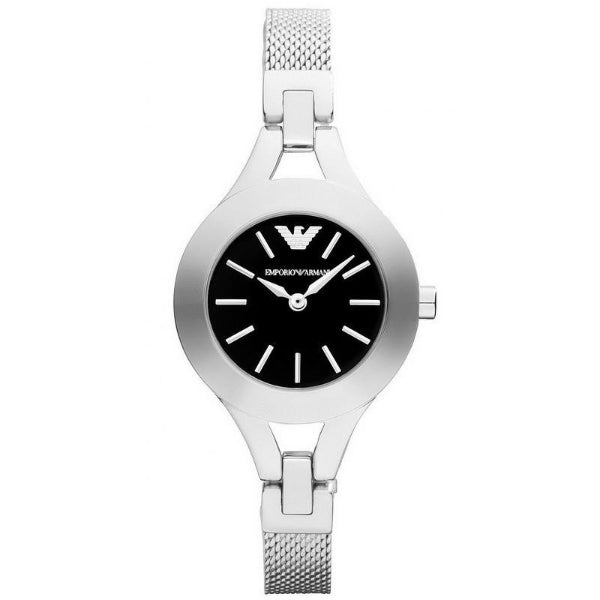 EMPORIO ARMANI Classic Silver Stainless Steel Black Dial Quartz Watch for Ladies - AR7328